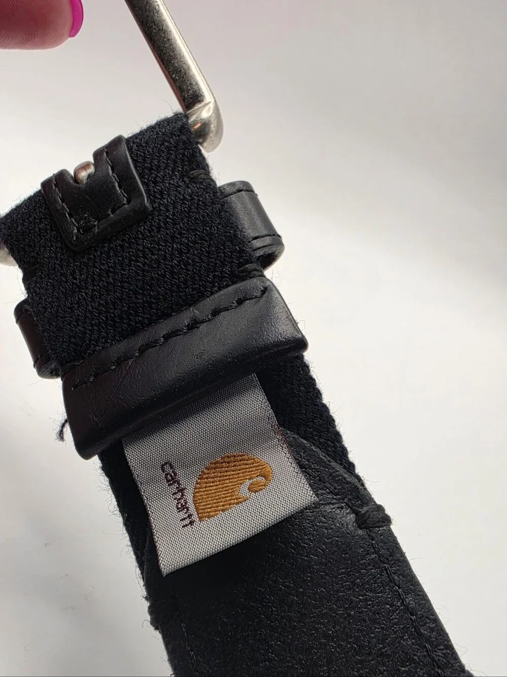 Carhartt Black Canvas‎ Leather Trim Belt Size 36 Logo Buckle Workwear Great Cond